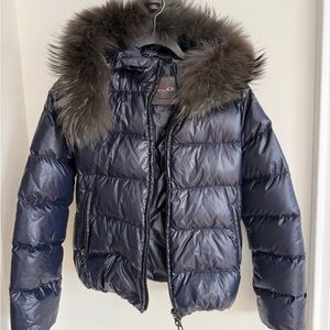Duvetica Women Navy Puffer Jacket with Faux Fur Hood